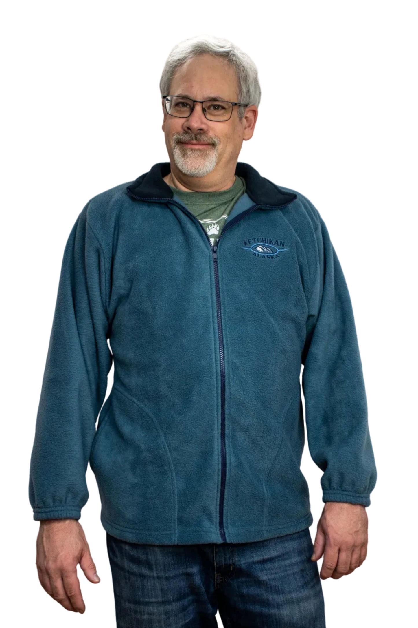 Man wearing a blue jacket with a Ketchikan Alaska logo against a white background