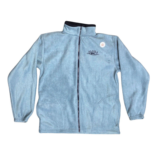 Light blue fleece jacket with a brand logo on a white background