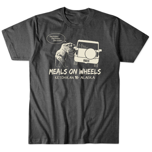 gray t-shirt with a graphic of a bear and a car, and text 'Meals on Wheels Ketchikan Alaska'