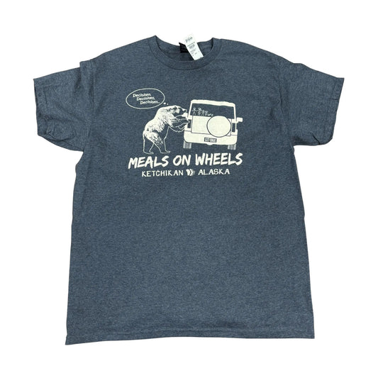 Gray T-Shirt with a bear and car graphic and "Meals on Wheels" text