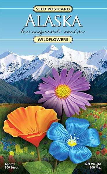 Alaska bouquet mix wildflowers seed packet with colorful flowers and mountain background