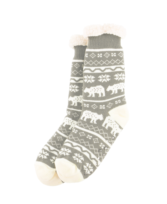 Gray sock with white bear pattern on a white background