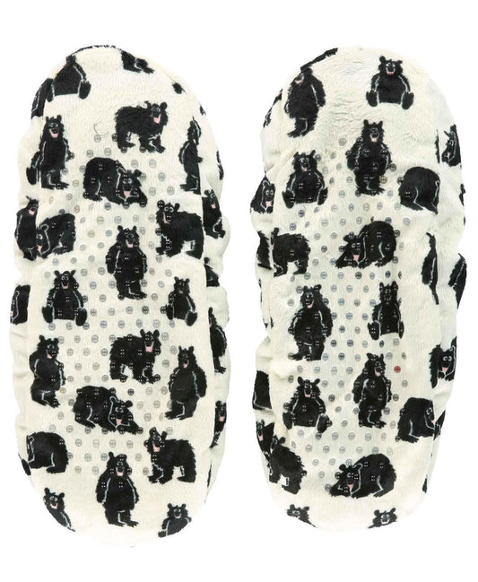 Pair of slippers with black bear pattern on a white background