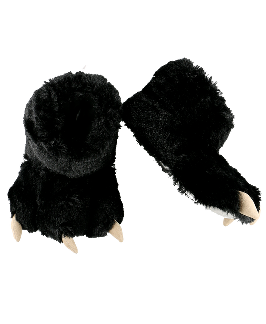 Black plush paw slippers with claws on a white background