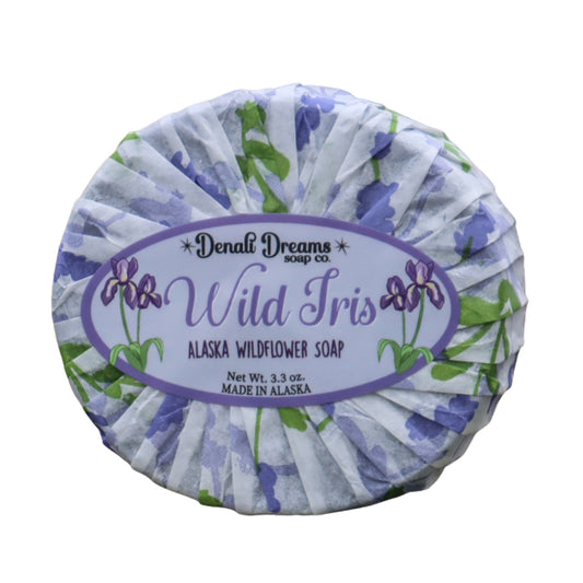Bar of soap with 'Wild Iris' label on a white background