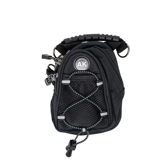 Black mini day pack with 'AK' logo on a white background