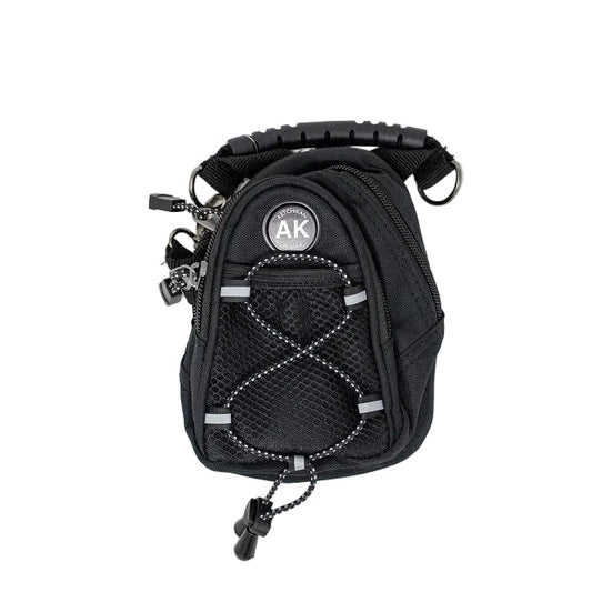 Black mini day pack with 'AK' logo on a white background