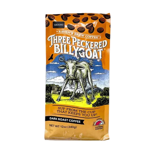 Three Peckered BillyGoat coffee package on a white background