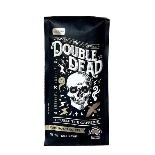 Coffee bag labeled 'Double Dead' with a skull design on a white background
