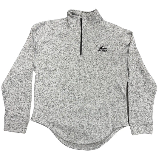 Gray fleece pullover with a brand logo on a white background