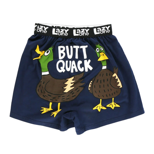 Navy blue underwear with cartoon ducks and 'Butt Quack' text