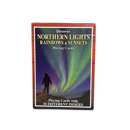 Playing card deck with Northern Lights and rainbow design on a white background