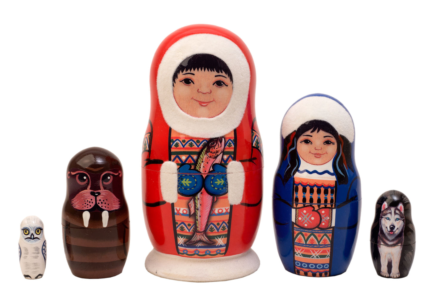 Set of colorful nesting dolls with traditional patterns on a white background