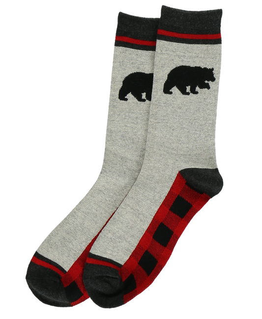 Gray socks with black bear design and red accents on a white background