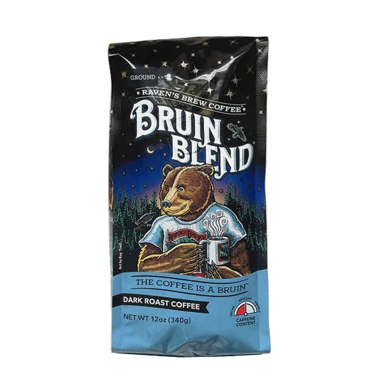 Coffee bag labeled 'Bruin Blend' with a bear design on a white background