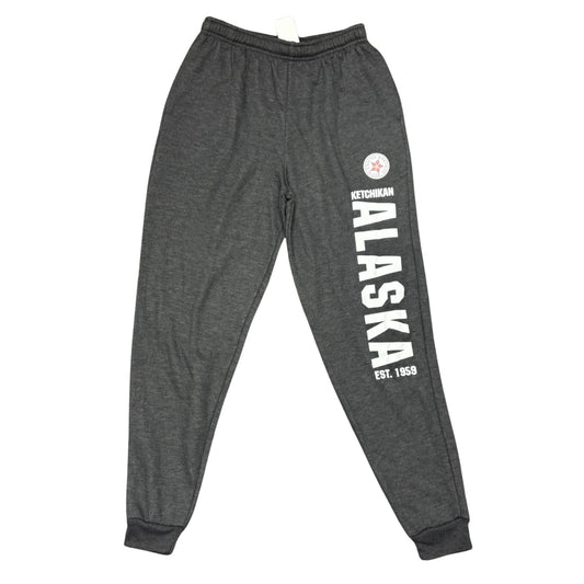 Gray sweatpants with 'Alaska' text