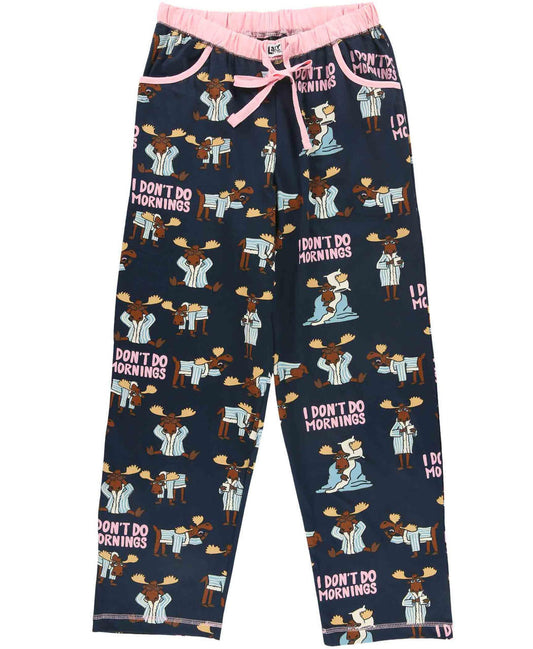 Navy pajama pants with moose and pink text pattern on a white background