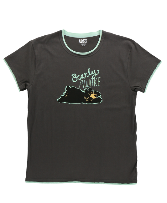 gray t-shirt with bear graphic and light blue 'Bearly Awake' text