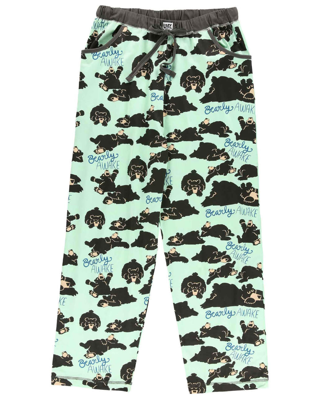 Pajama pants with bear pattern and "Bearly Awake" text