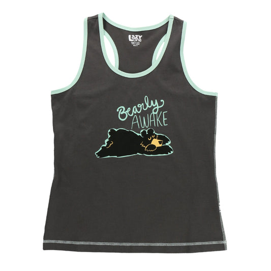 Bearly awake text and sleepy bear graphic on a gray tank top