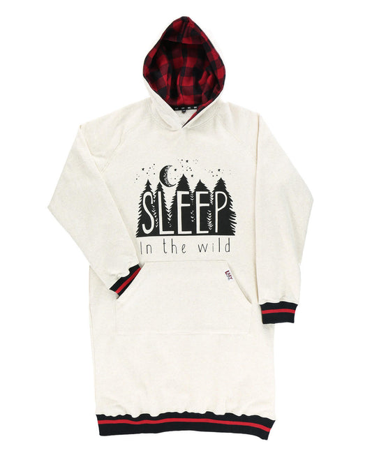 White hoodie with red and black plaid hood, 'Sleep in the Wild' text, and forest graphic on a white background