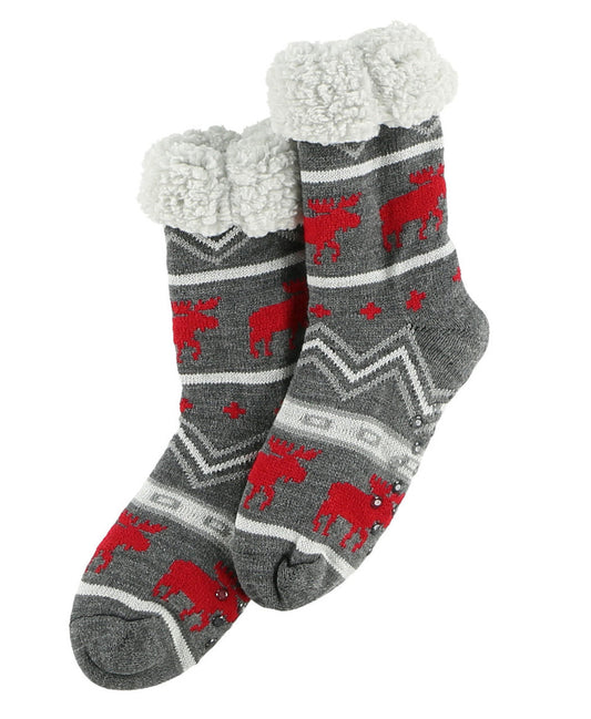 Gray socks with red moose pattern and white fuzzy cuff on a white background