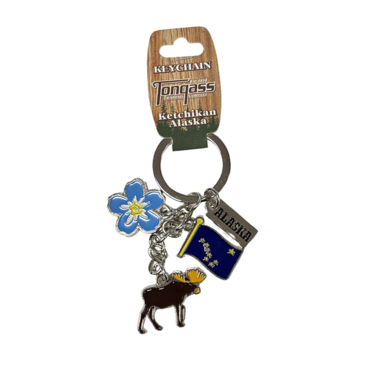 Keychain with moose, flower, and Alaska flag charm on a white background
