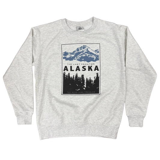 Gray sweatshirt with Alaska graphic design on a white background