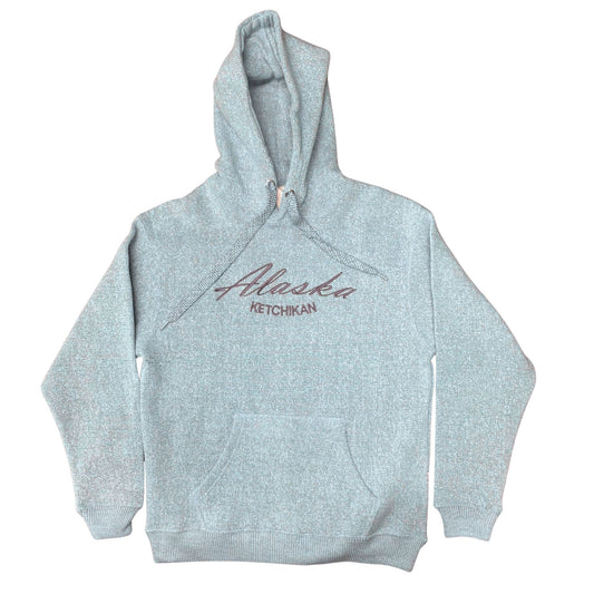 Aqua hoodie with 'Alaska Ketchikan' text on a white background