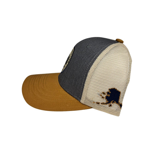 Three-tone baseball cap with mesh back on a white background
