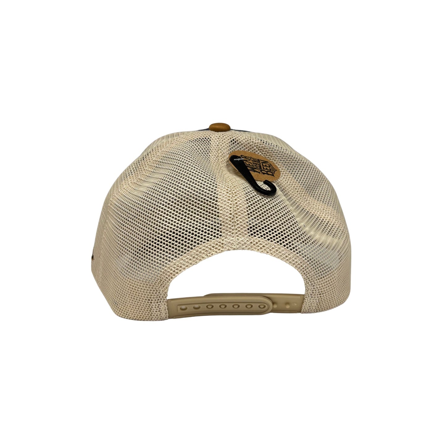 Beige mesh cap with a brand logo on a white background