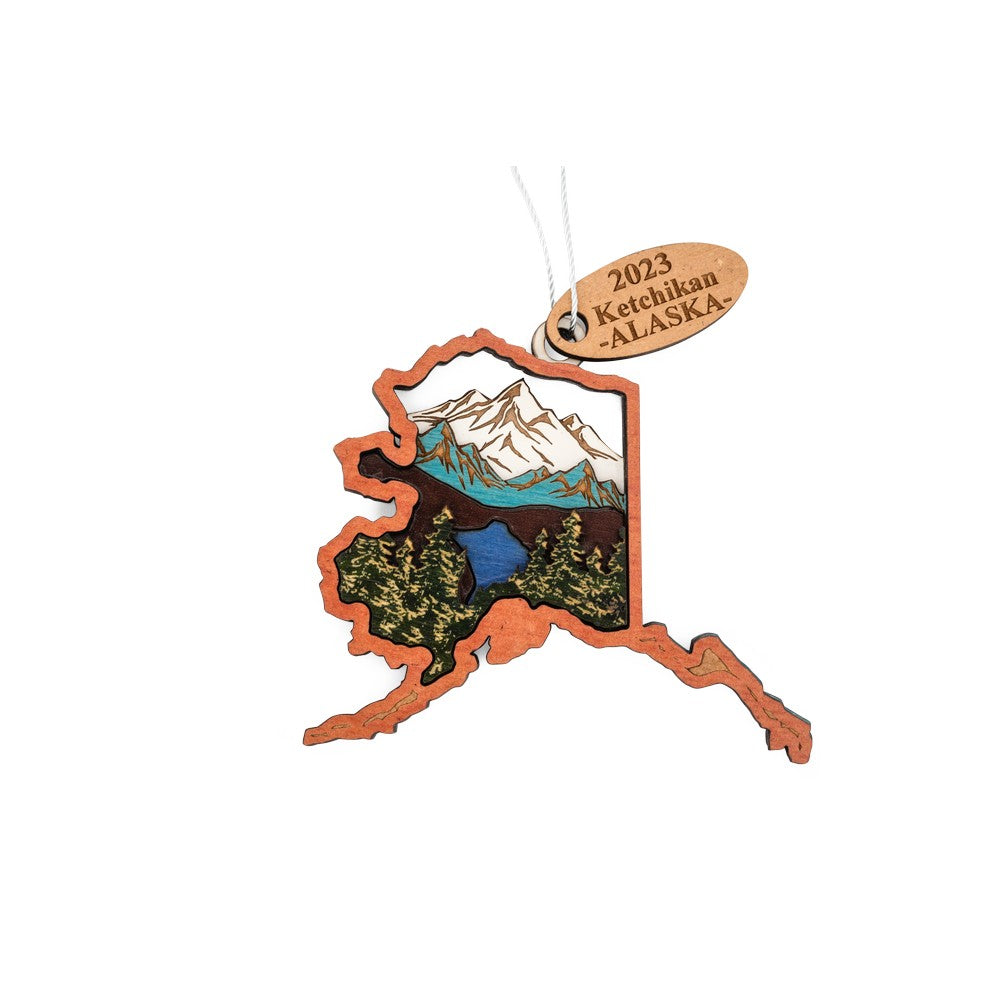 WOODEN ALASKA MAP SCENE ORNAMENT W/ KETCHIKAN, AK