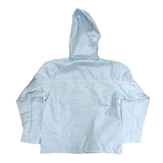 Light blue coat with a hood on a white background