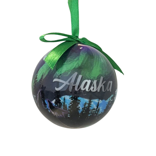 Round Alaska Ornament with Northern Lights Design and Alaska Text