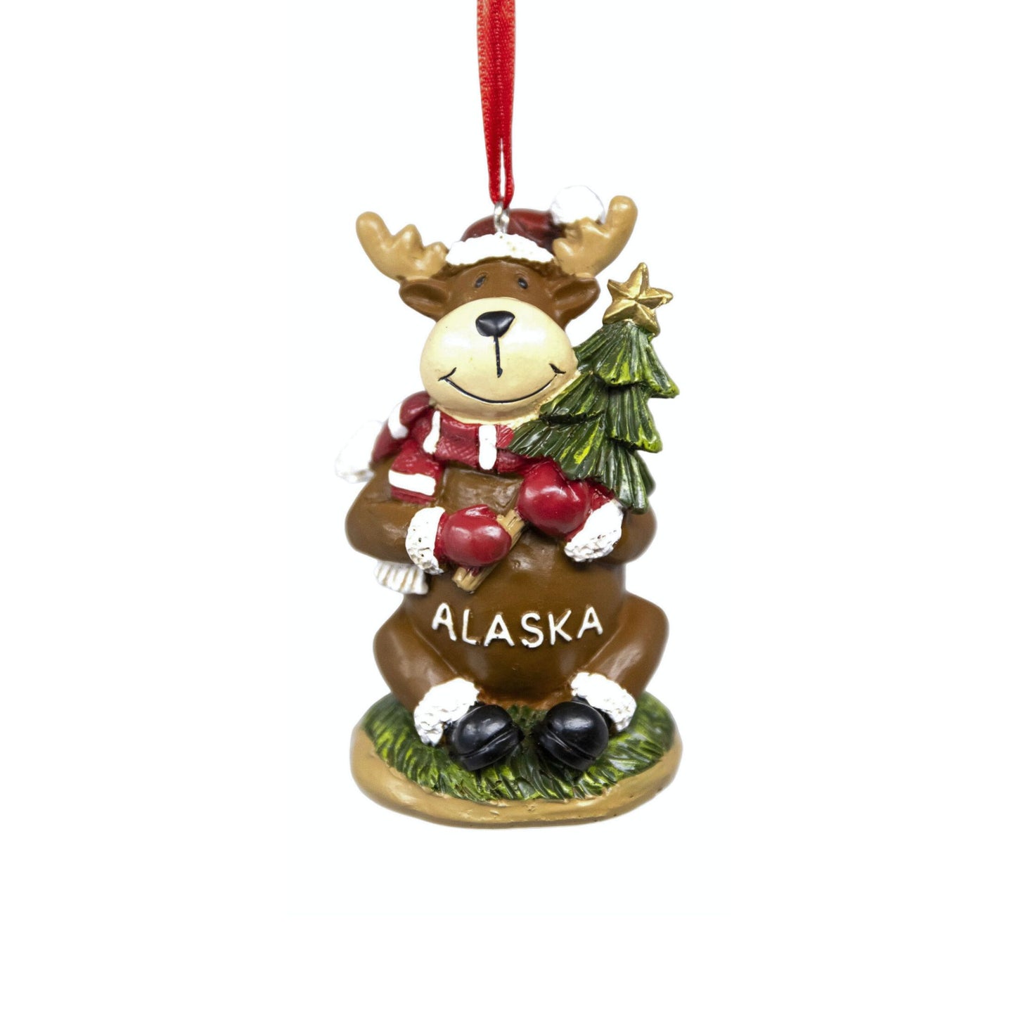 Decorative moose ornament with 'Alaska' text on a white background