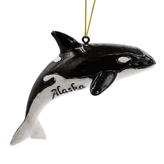 Orca whale ornament with 'Alaska' text on a white background