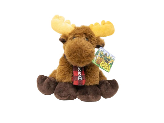 Plush moose toy with a red plaid scarf