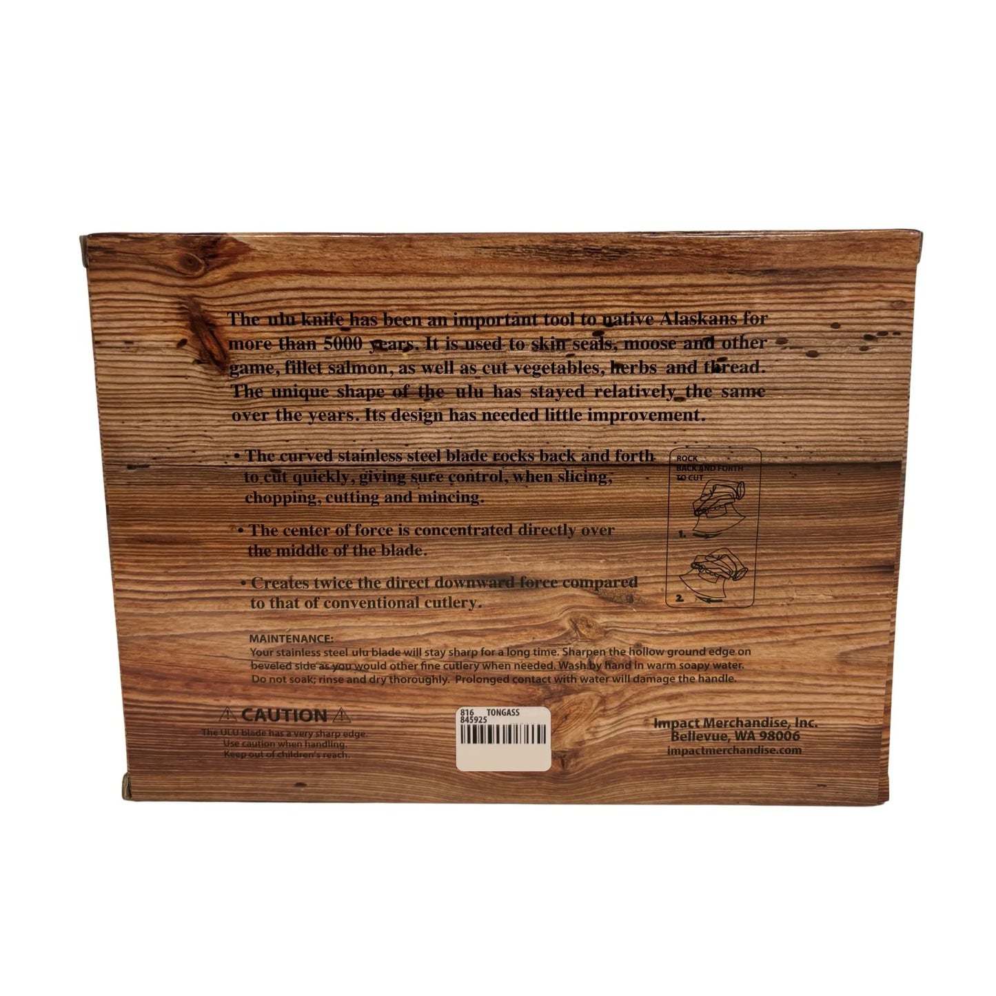 Ulu knife packaging with text and branding