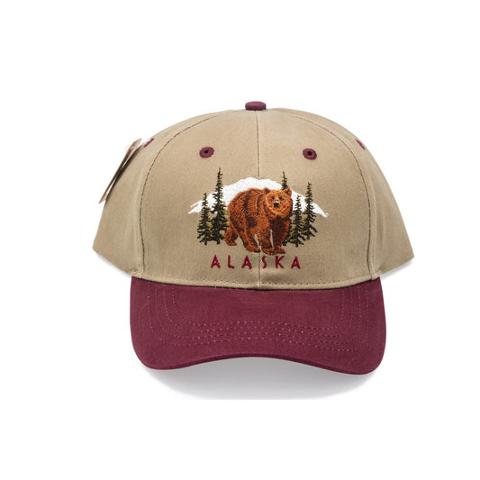 Beige and maroon cap with bear and Alaska design on a white background