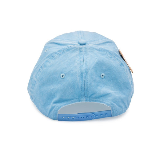 Back of light blue baseball cap on a white background