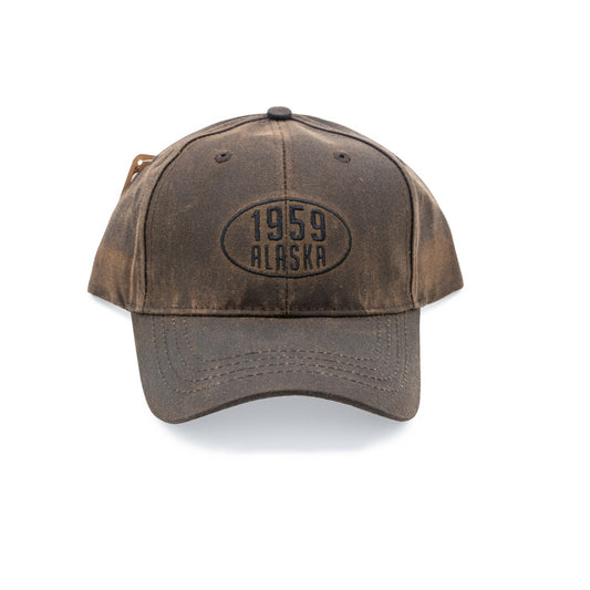 Brown cap with '1959 Alaska' text on a white background