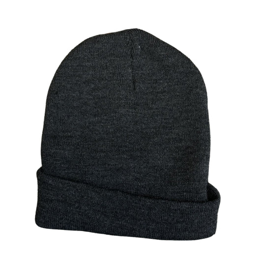 Dark gray knit beanie on a white background