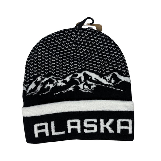 Black and white knit beanie with mountain design and 'Alaska' text