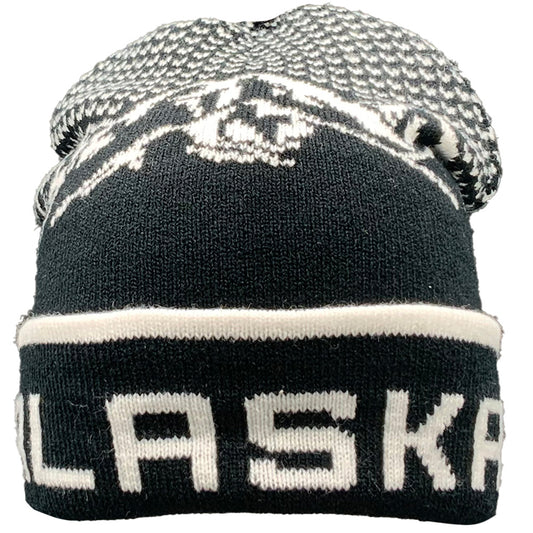 Black knit beanie with white text and patterned top on a white background