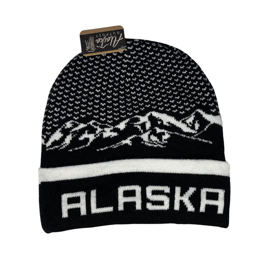 Black and white beanie with mountain design and 'Alaska' text