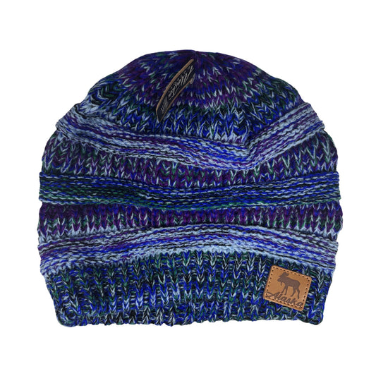 Blue and purple patterned beanie with a brand label on a white background