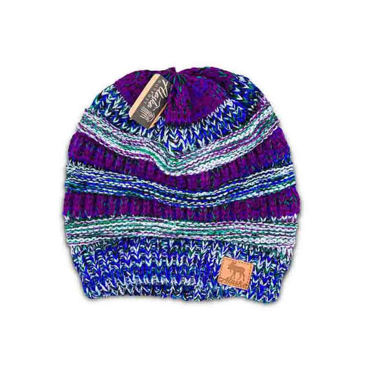 Multicolored knit beanie with brand tags on a white background