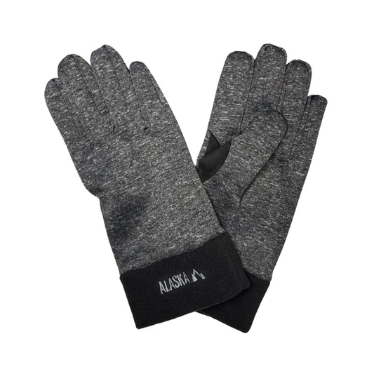 Pair of gray gloves with black cuffs on a white background