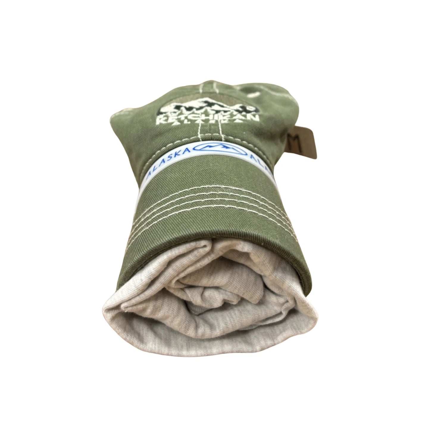 Green hat with a rolled shirt