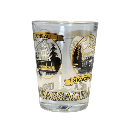 Inside passage shot glass with Juneau and Skagway design